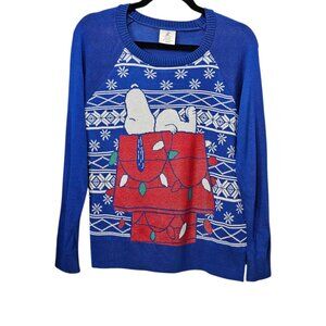 Peanuts Knit Snoopy Ugly Christmas Retro Crew Neck Blue Pull Over Sweater